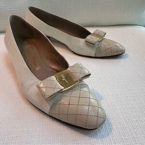 Salvatore Ferragamo Cream Quilted Bow Heels Sz 8